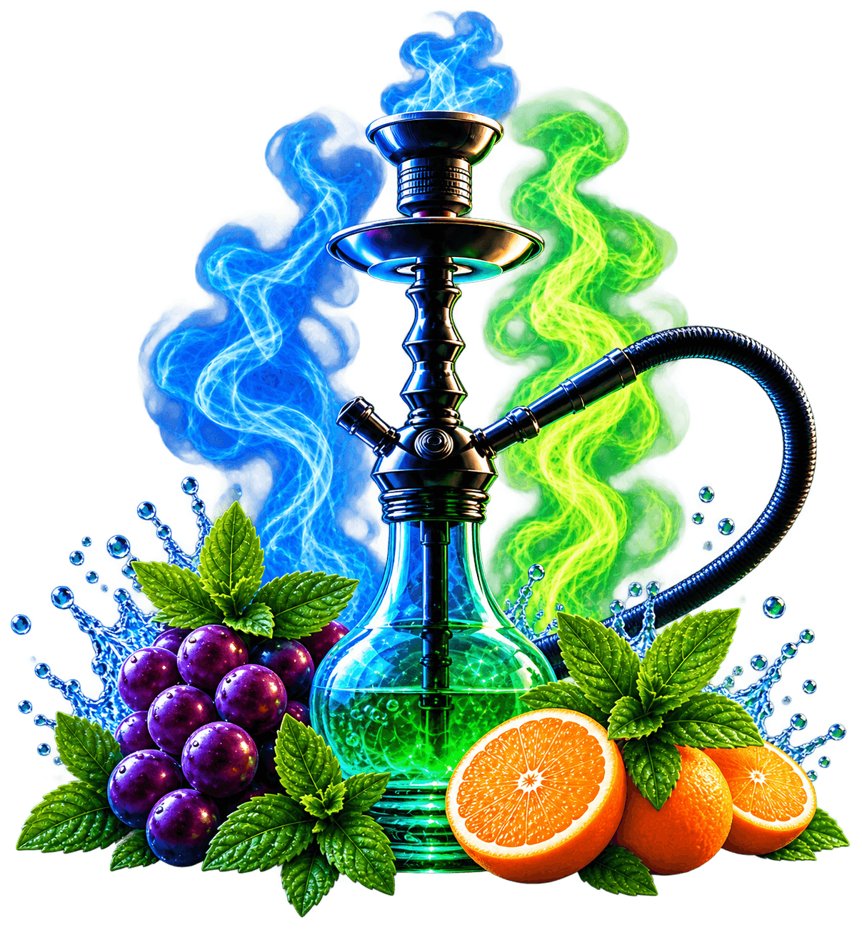 Hookah with fruit, mint, water, and blue and green smoke